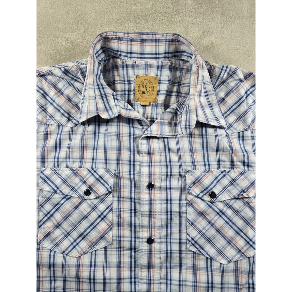 GC Blue Shirt Mens LT Plaid Western Short Sleeve Pearl Snap Vintage Collection